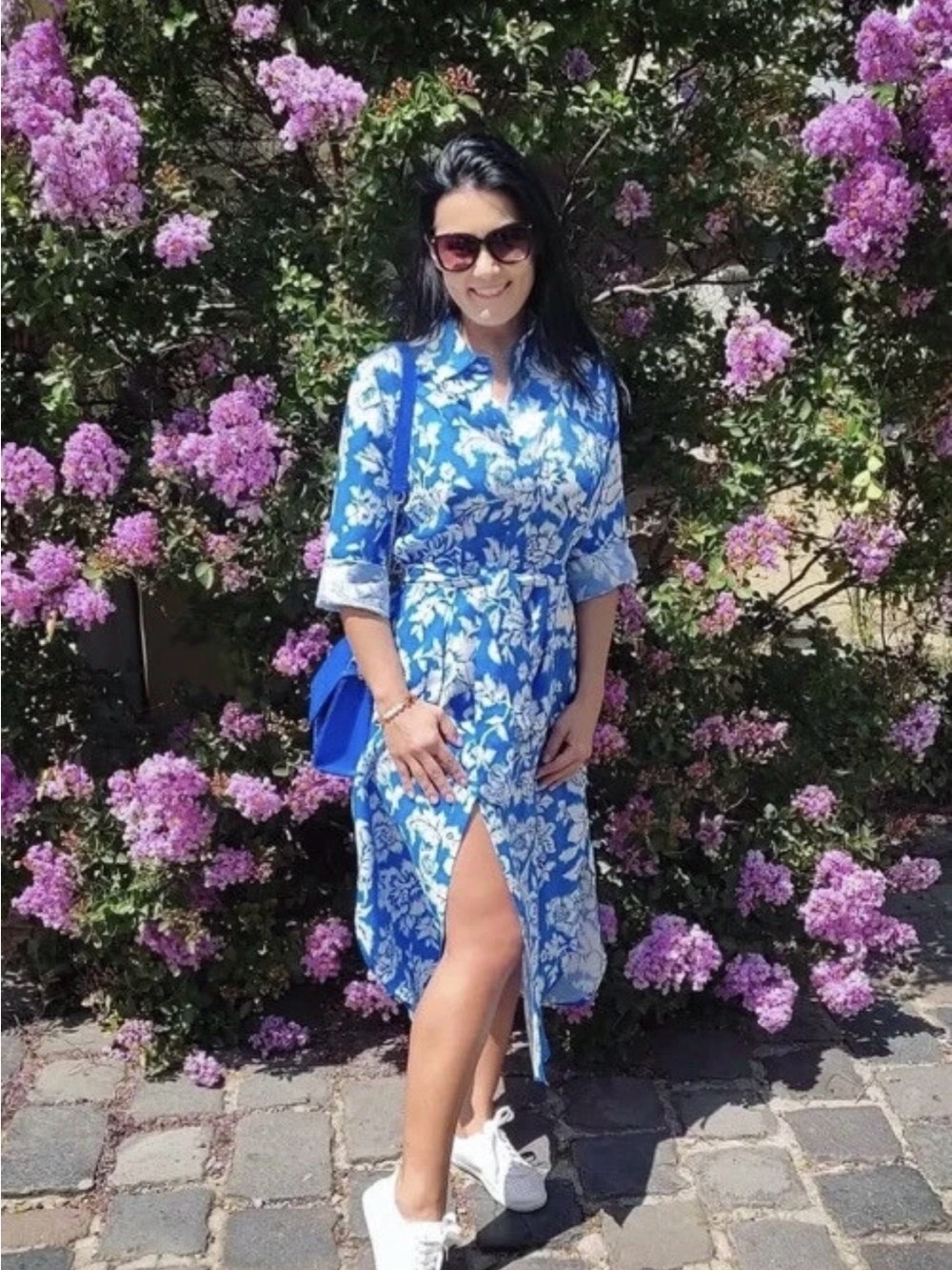 ZARA Blue White Floral Shirt Dress Women Size S